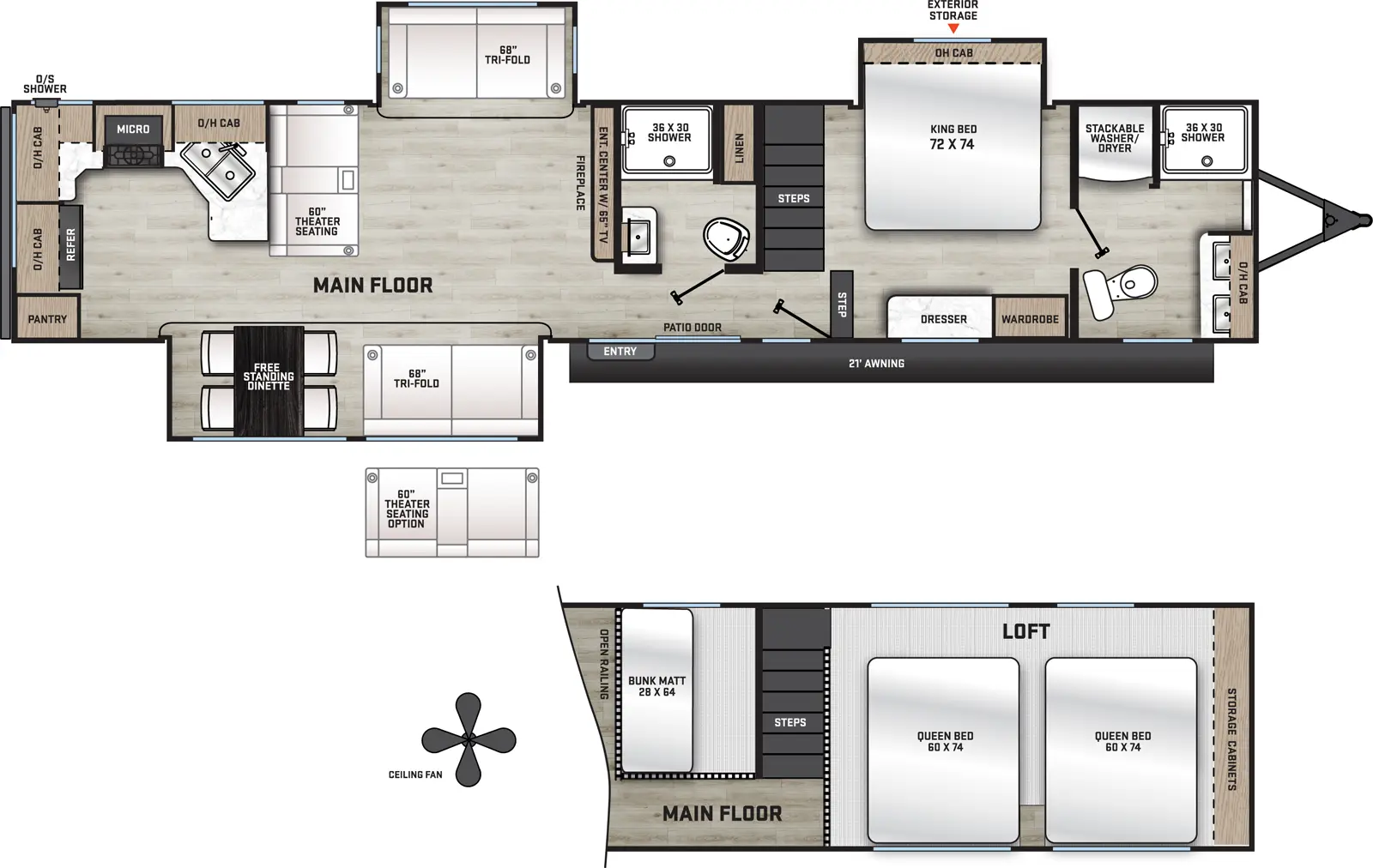 The Catalina Destination Series 44CONDO floorplan has one entry and three slide outs. Exterior features include: metal exterior and 21' awning. Interiors features include: loft, rear kitchen, free-standing dinette option and two full bathrooms.